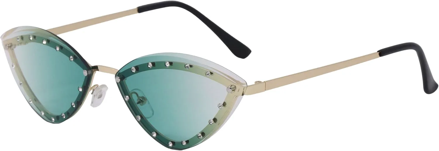 

Женские солнцезащитные очки-«кошачий глаз» треугольной формы, без оправы, с кристаллами, уникальные элегантные очки с украшениями из страз RAVI EYEWEAR, Green