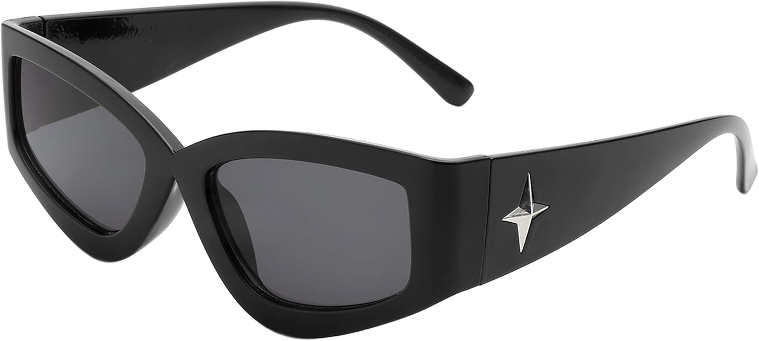 

Солнцезащитные очки PASTL в стиле ретро «кошачий глаз» с элегантной угловатой прямоугольной оправой, серебристыми звездочками и защитой от УФ-излучения UV400, Black (Black)