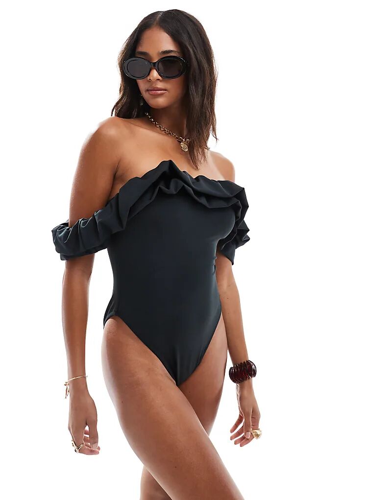 

Купальник-бандо Оливия ASOS DESIGN, моделирующий фигуру, с оборками, черный