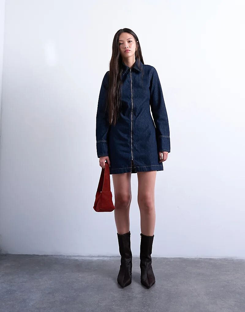 

Джинсовое мини-платье Topshop с длинными рукавами и застежкой-молнией цвета индиго