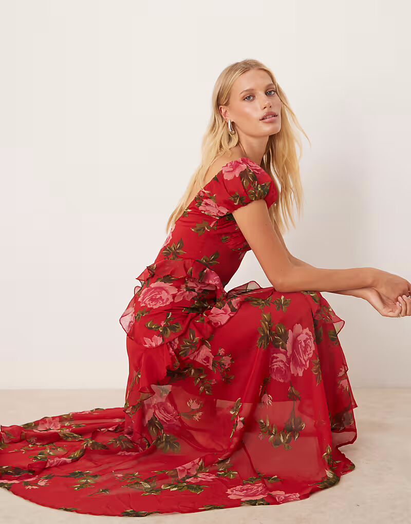 

Платье миди ASOS DESIGN со сборками на рукавах и оборками с цветочным принтом на красной основе