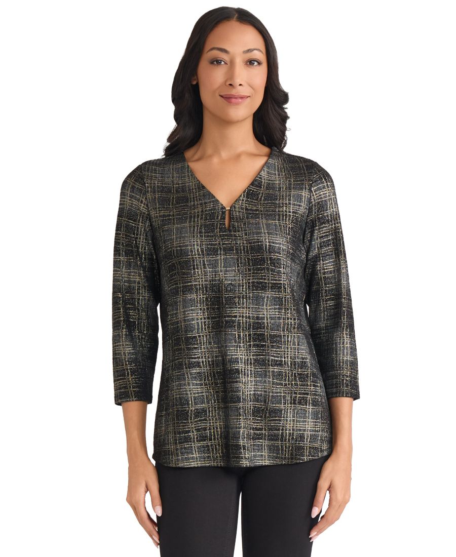 

Женская двухцветная блузка с V-образным вырезом и фольгированным покрытием Jones New York, Jones Black Multi