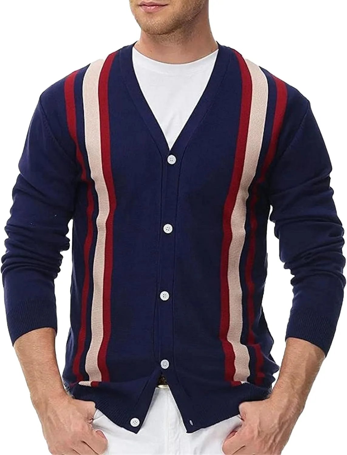 

Мужской кардиган в полоску с V-образным вырезом