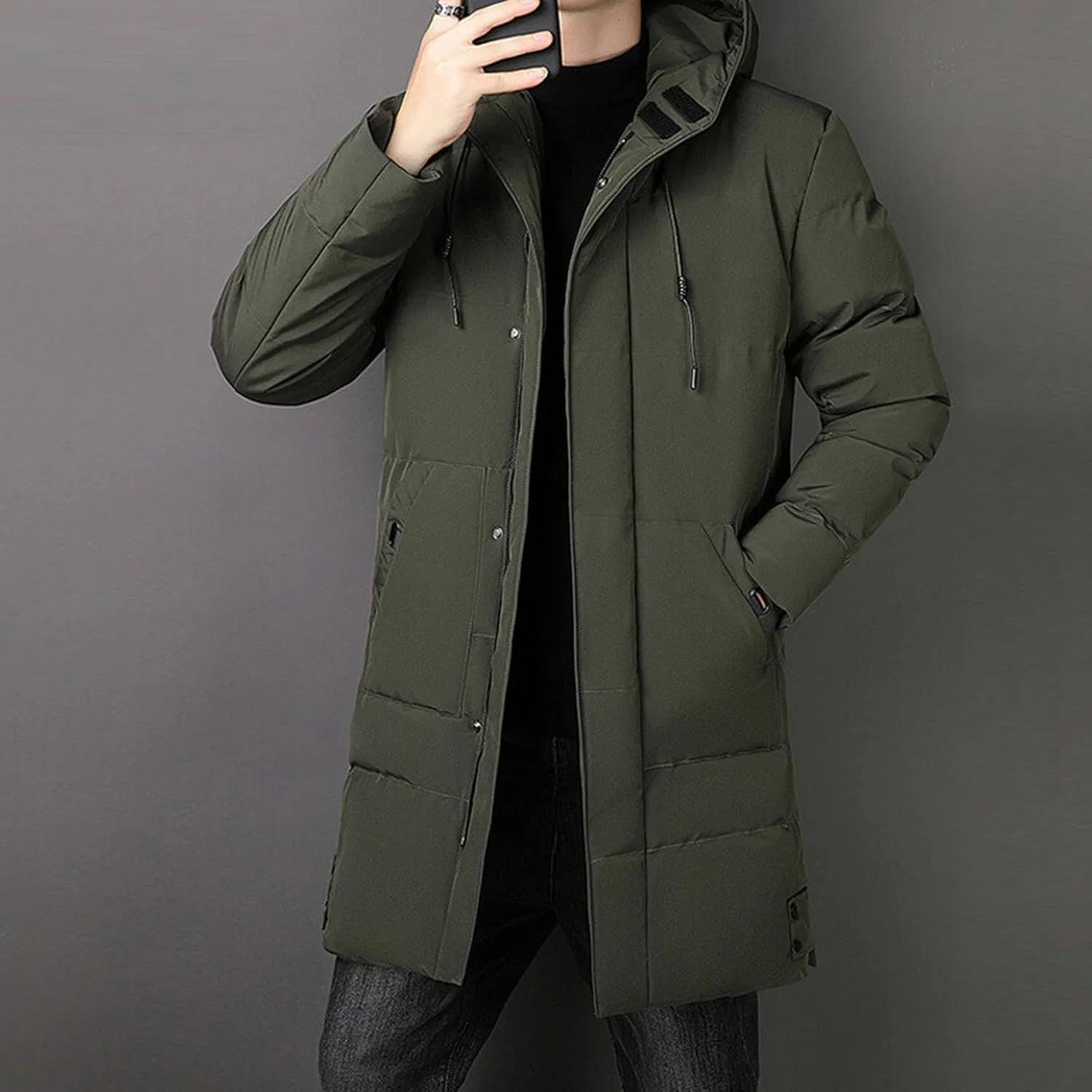 Мужская зимняя ветрозащитная длинная пуховая куртка с капюшоном, стеганая, утепленная, из пуха — фото 2