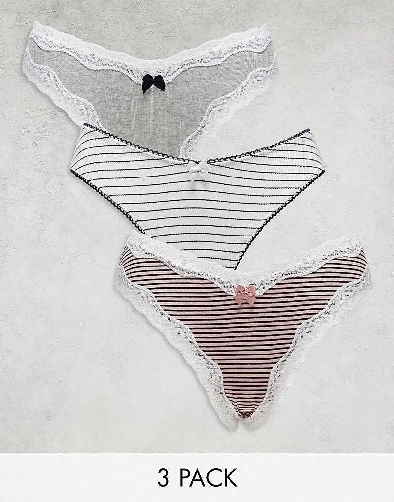

ASOS DESIGN 3 пары серых меланжевых стрингов в полоску с высоким вырезом и кружевным декором