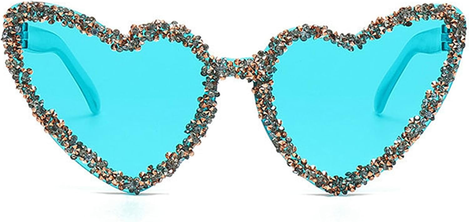 

willochra Милые солнцезащитные очки без оправы с сердечками, украшенные стразами, для женщин, блестящие очки с бриллиантами, «кошачий глаз», стильные очки для вечеринок, Green