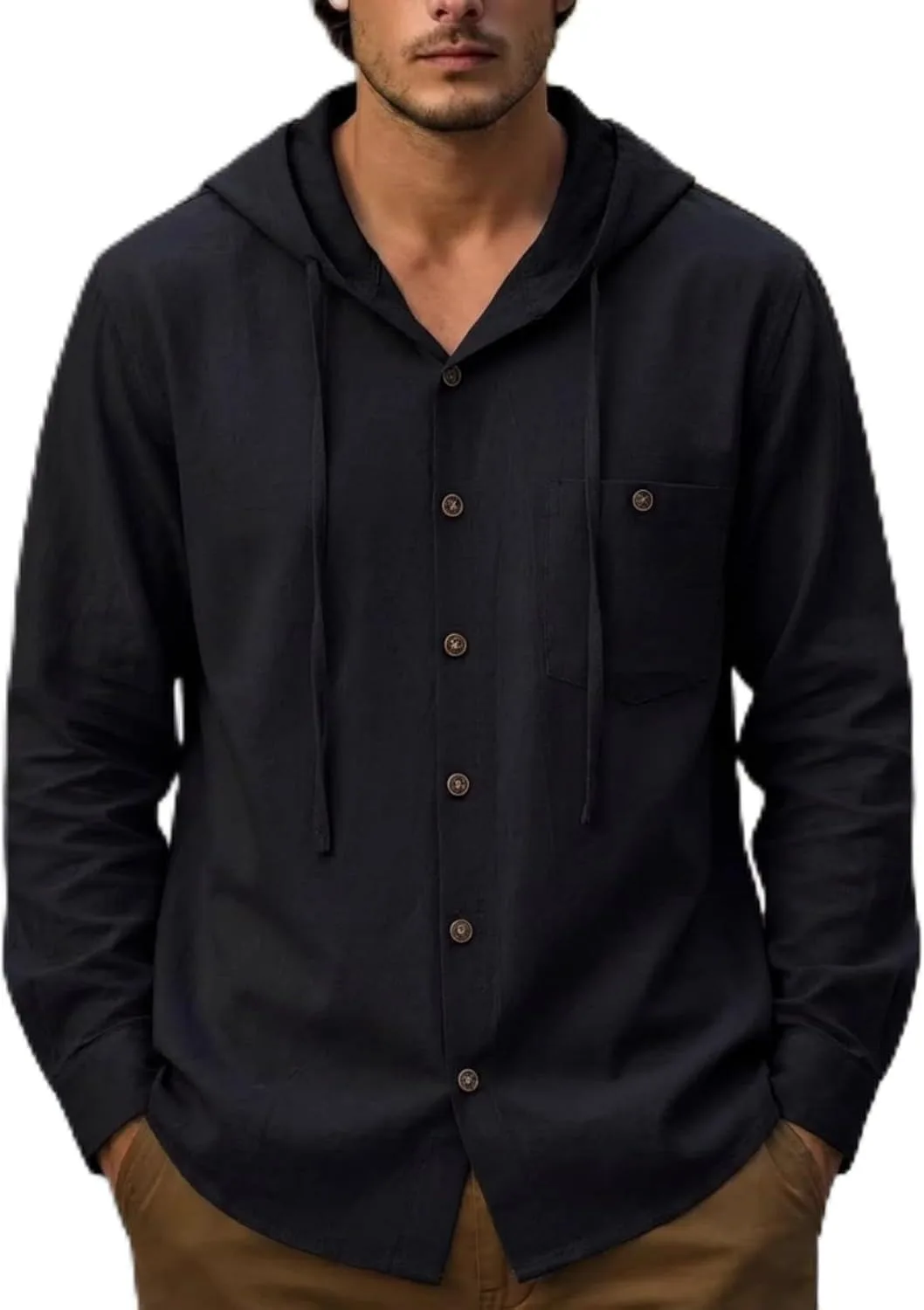 

Мужская льняная толстовка Cambkatl с пуговицами — летняя 2026, длинный рукав, свободный крой