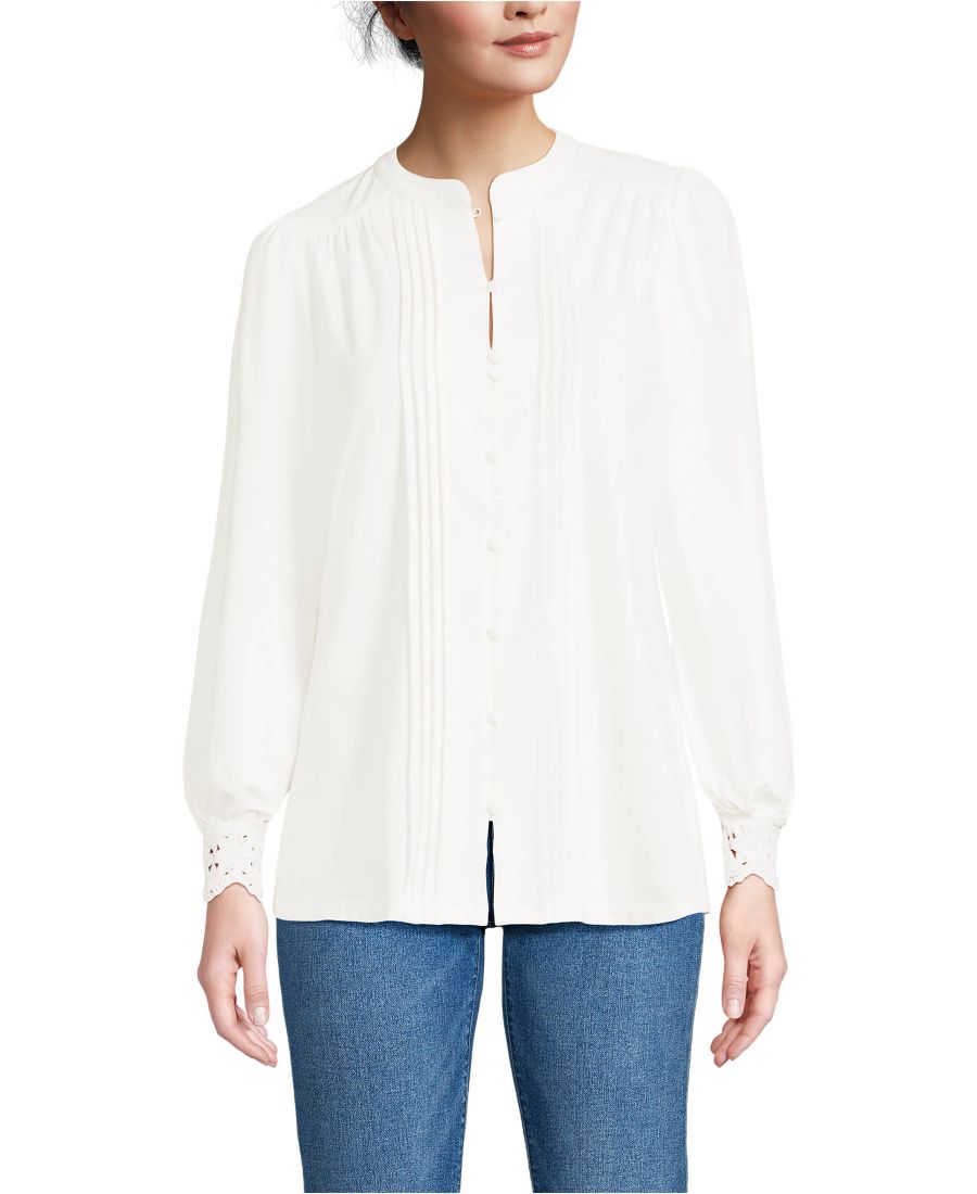 

Женская легкая трикотажная блузка с длинными рукавами, на пуговицах спереди и складками, для невысоких женщин Lands' End, Ivory