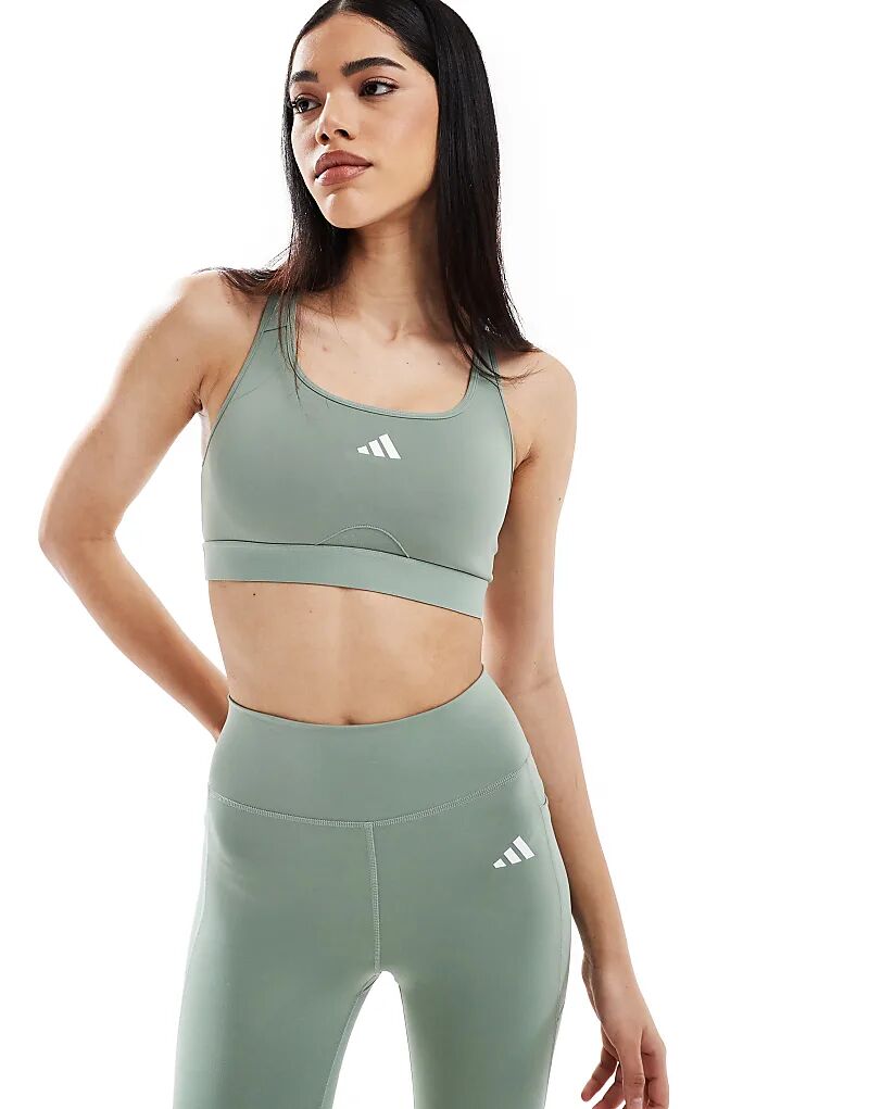 

Спортивный бюстгальтер Adidas Training Power React со средней поддержкой, серебристо-зеленый Adidas Performance