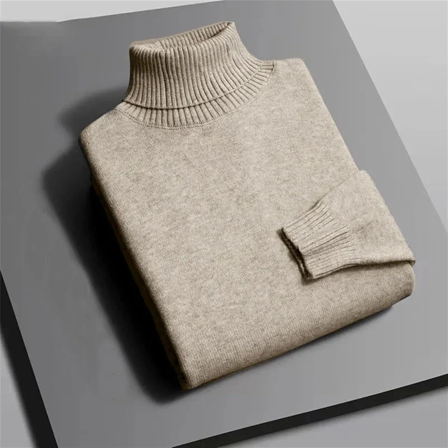 Мужской вязаный свитер с высоким воротником Slim Fit, устойчивый к скатыванию, однотонный, теплый, повседневный Generic, светло-серый — фото 2