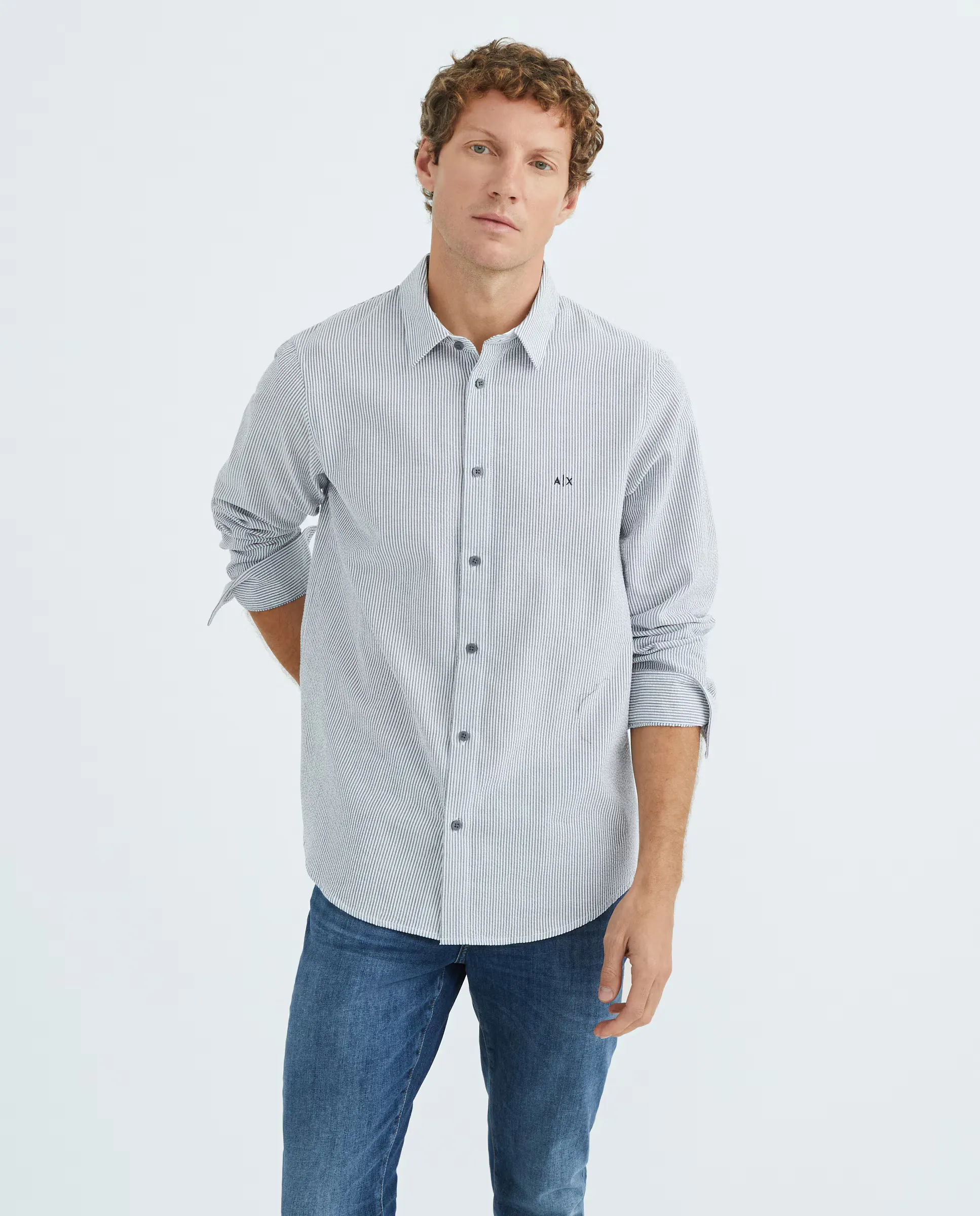 

Мужская рубашка из ситца в полоску regular fit Armani Exchange, темно-синий