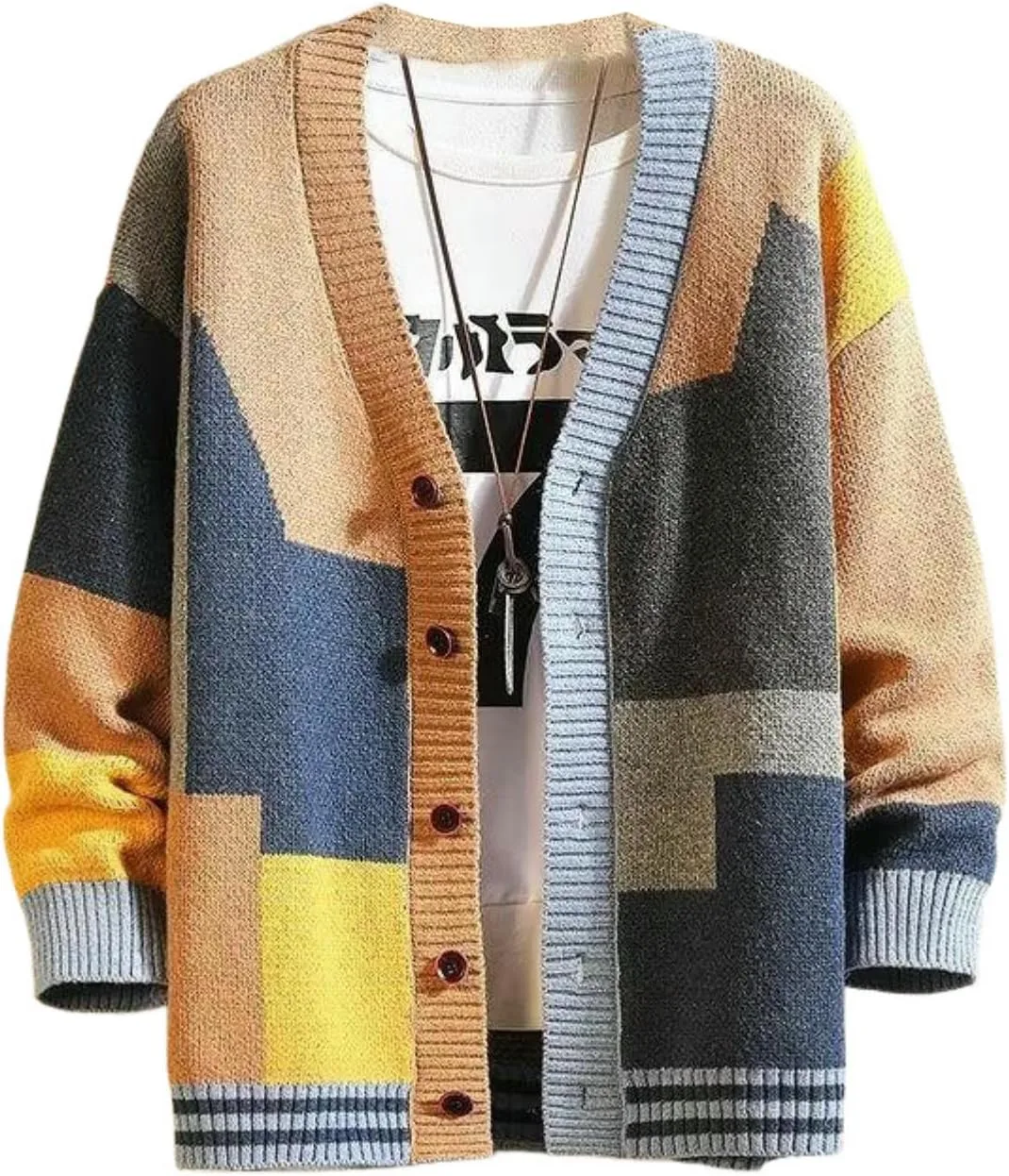 

Мужской вязаный кардиган с V-образным вырезом и пэчворком YEBAITOU