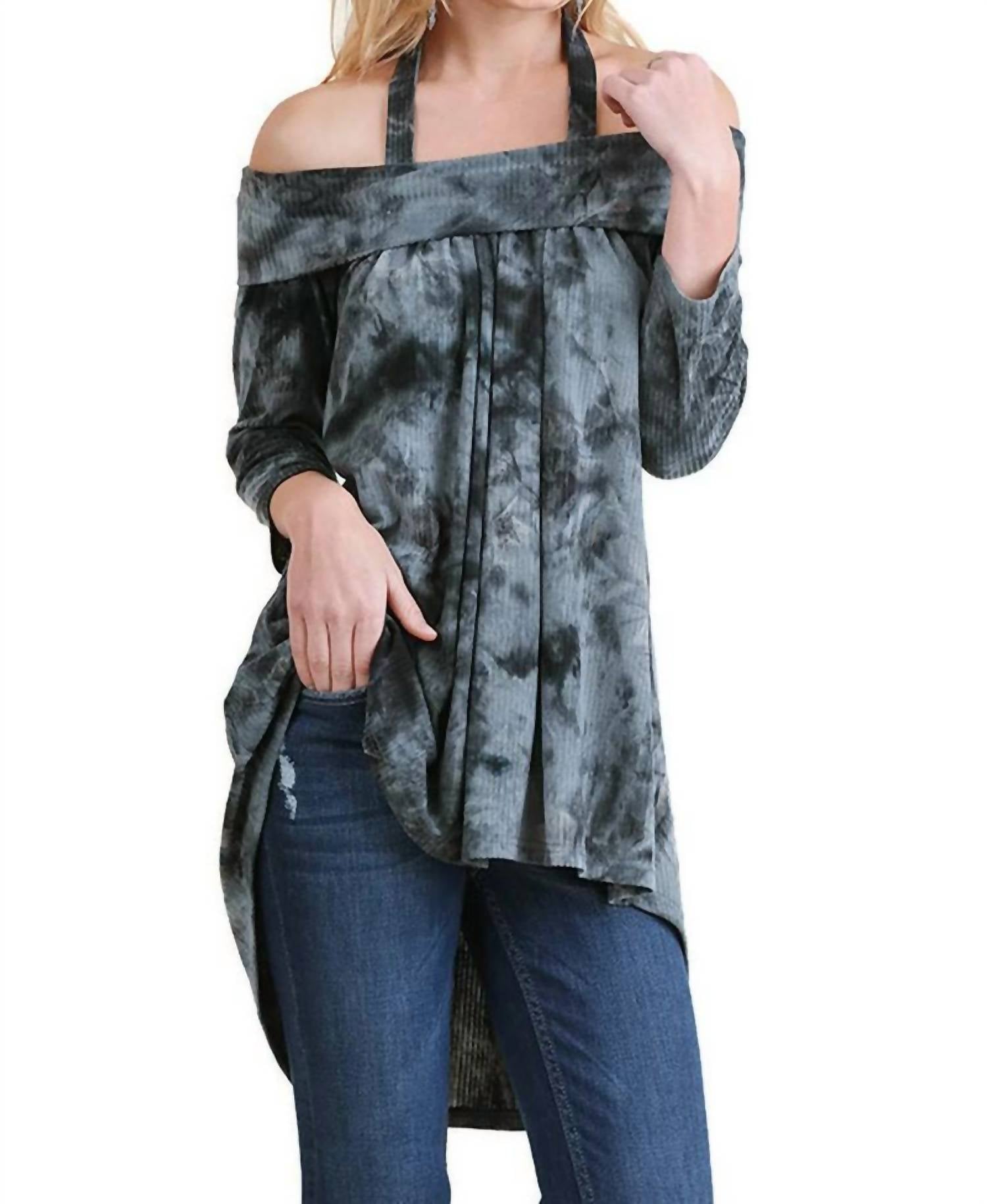 

Туника с открытыми плечами и принтом тай-дай черного цвета Umgee