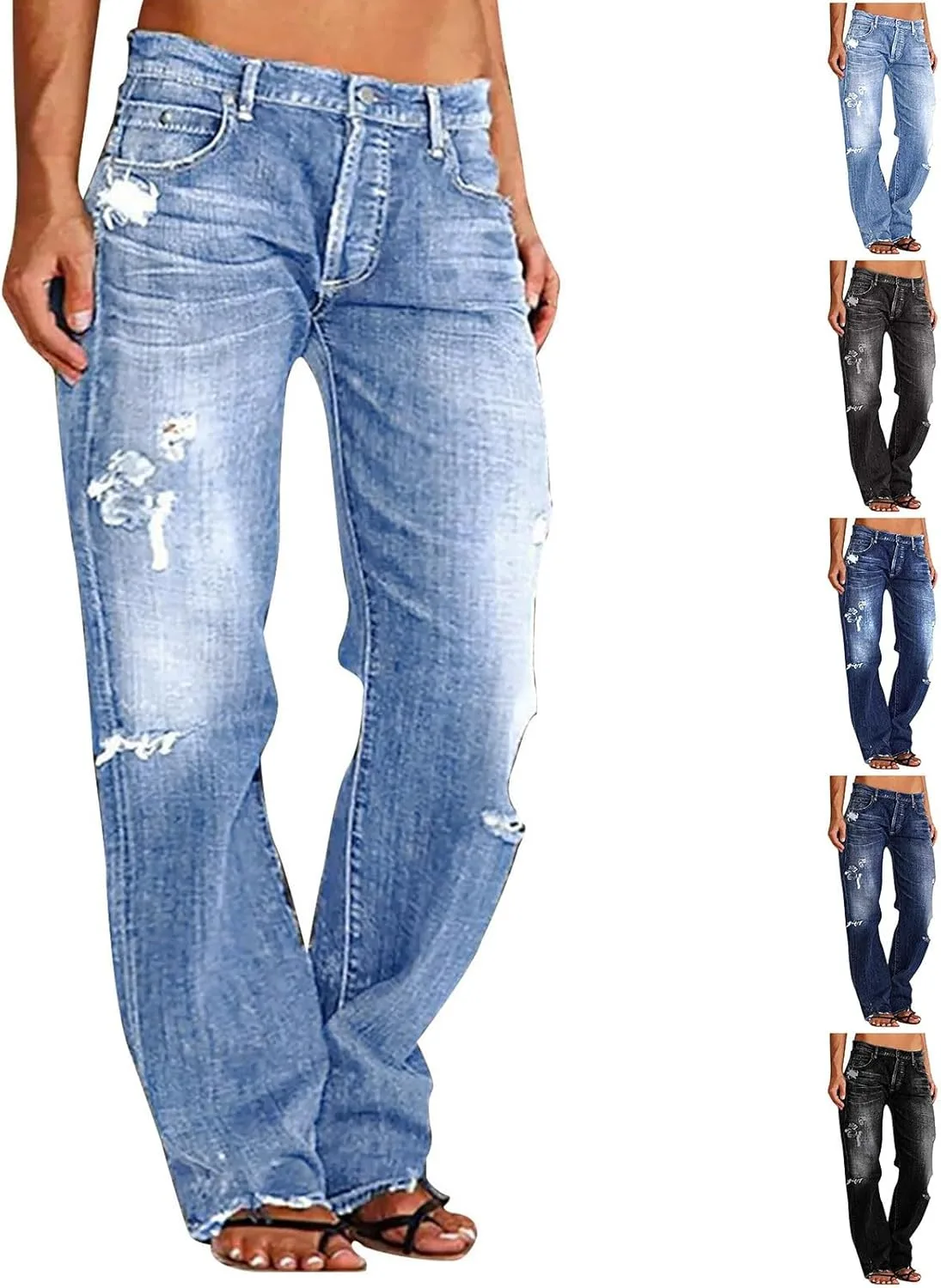 

Женские джинсы distressed с высокой талией и прямыми штанинами