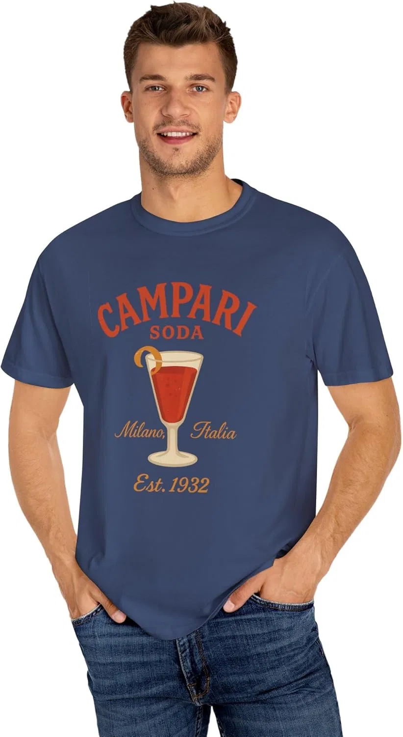 Футболка Campari Soda – винтажная футболка с изображением итальянского напитка | Ретро-футболка для любителей коктейлей и путешествий, для европейского лета — фото 4