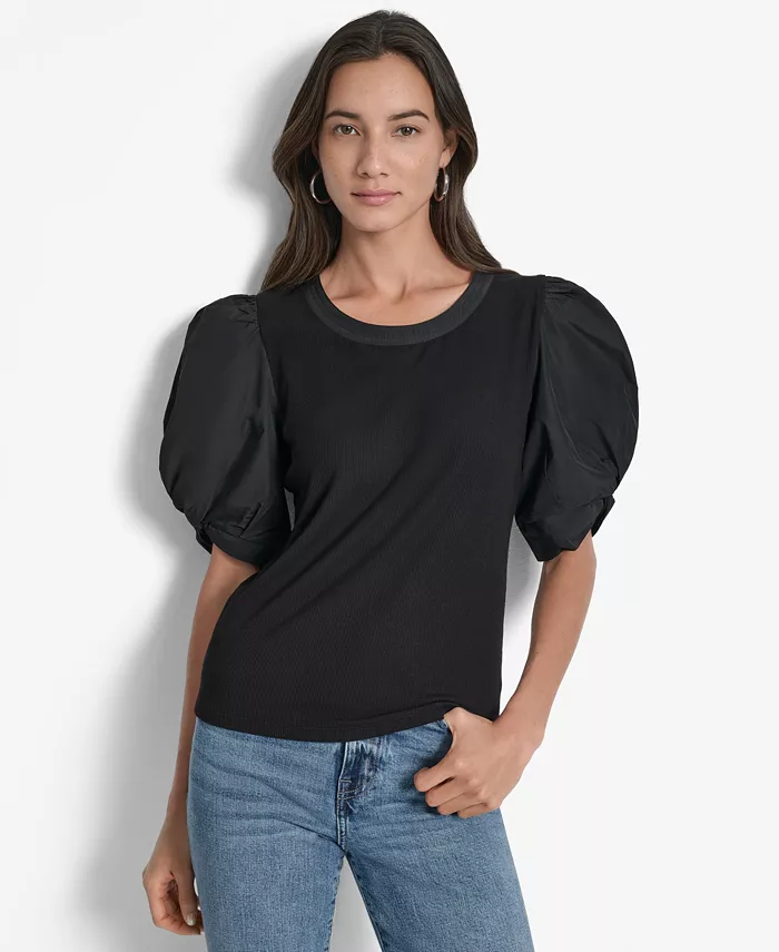 

Женский топ из тафты смешанной расцветки с рукавами-фонариками DKNY, черный
