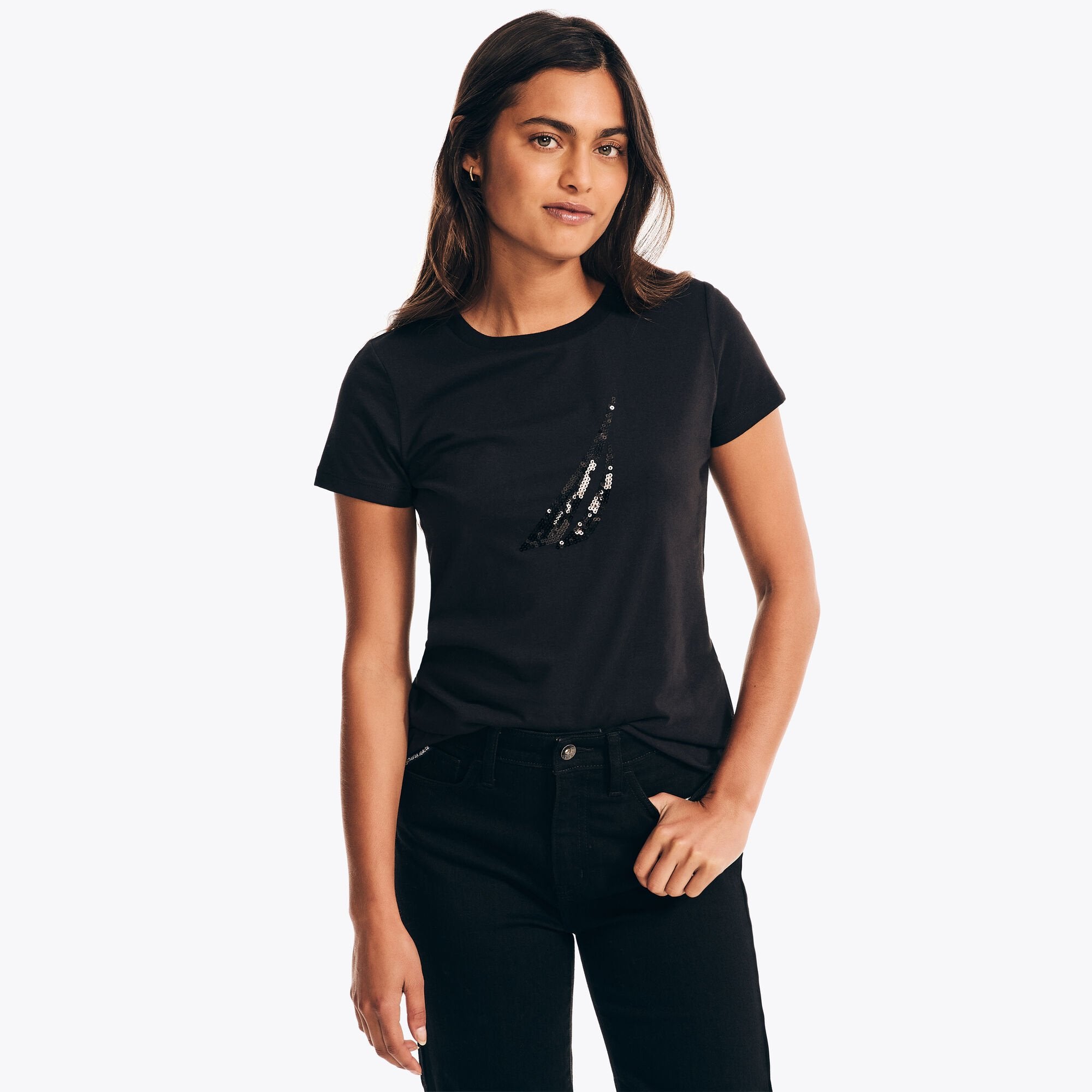 

Женская футболка Nautica с логотипом и пайетками, цвет true black