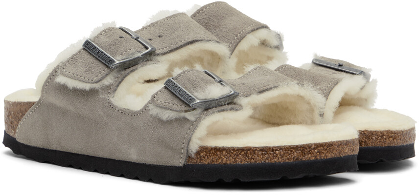 Серые узкие сандалии из овчины Arizona Birkenstock, Stone coin — фото 4