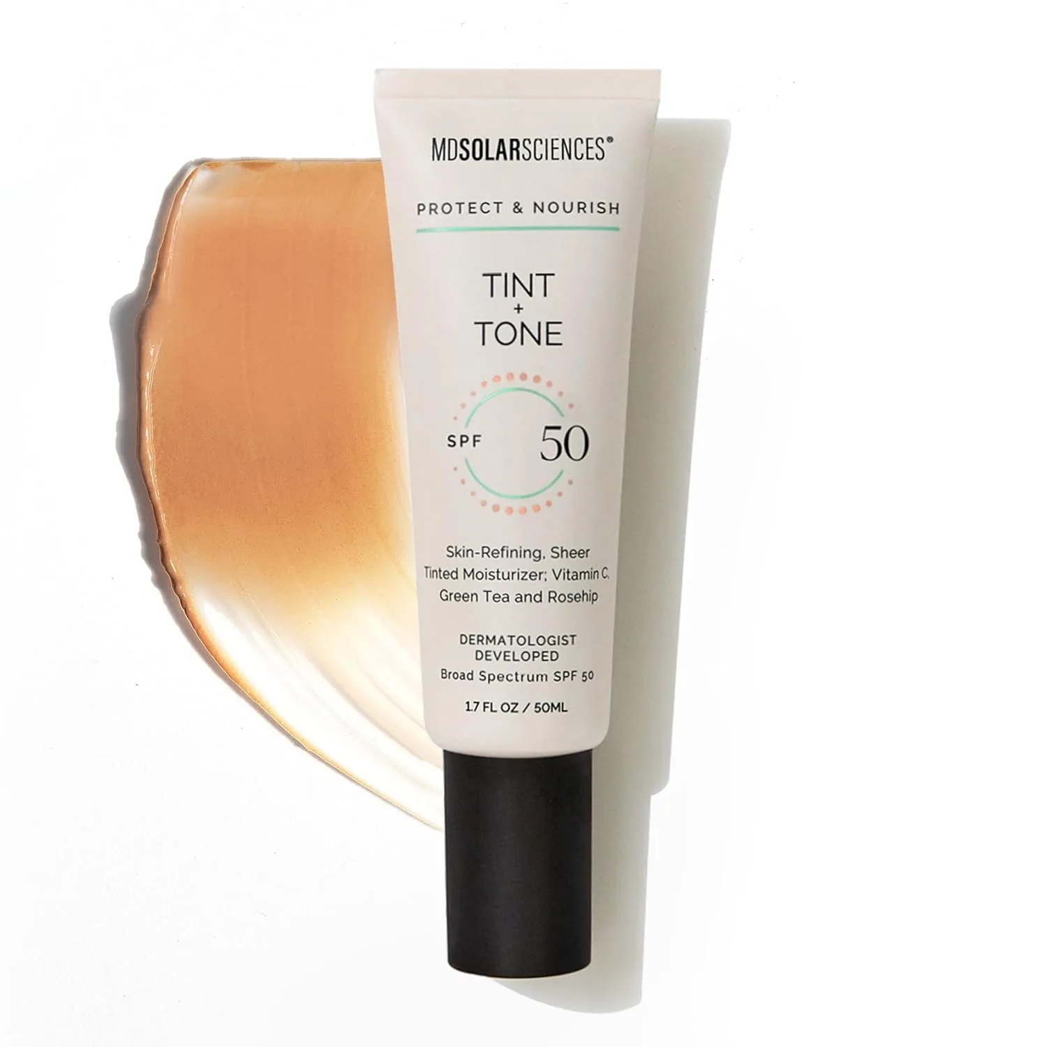 MDSolarSciences Tint + Tone Sheer Tinted Moisturizer SPF 50, выравнивает тон кожи, осветляет и увлажняет, с церамидами, антиоксидантами и витамином C, клинически доказано, безопасно для чувствительной кожи (50 мл), Green