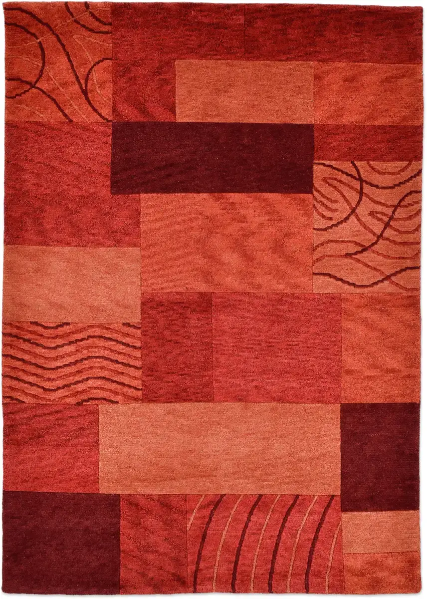 

Шерстяной ковер THEKO "Domas 4028", прямоугольный, короткий ворс, чистая шерсть, ручная работа, современный лоскутный дизайн 140х200 см, красный