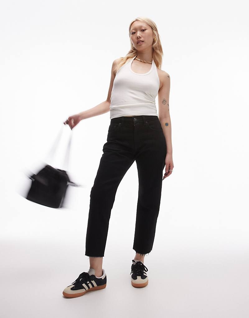 

Черные укороченные прямые джинсы со средней талией Topshop Petite с необработанными краями