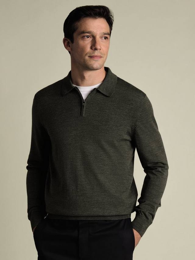 

Мерино поло с воротником-стойкой на молнии Charles Tyrwhitt, Olive Green