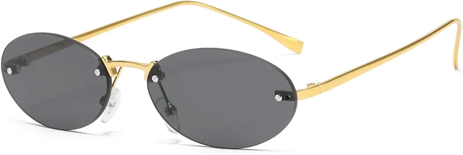 

Овальные солнцезащитные очки без оправы для женщин, панк-стиль, мужские круглые металлические очки для вождения с защитой от УФ-излучения UV400 TVTBBVV, Gold Black