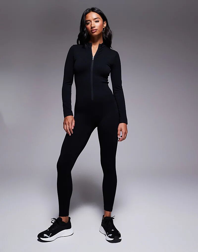 

4505 Миниатюрный бесшовный комбинезон на молнии спереди, черный