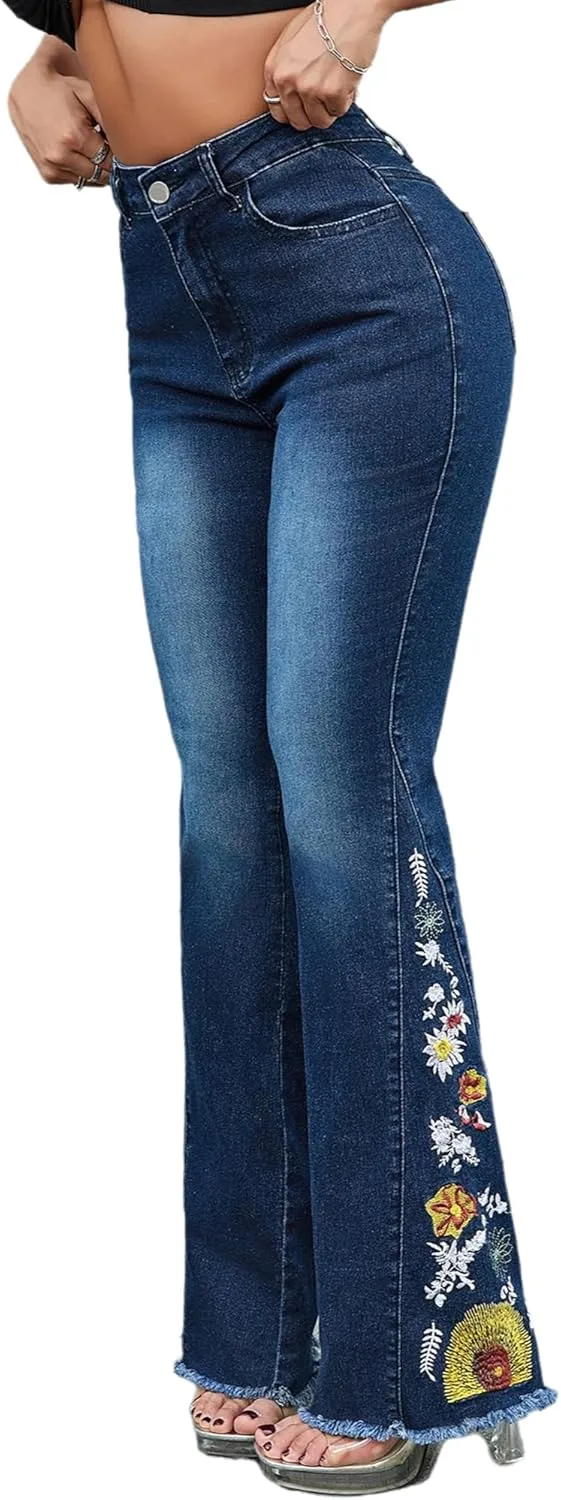 

Женские джинсы с цветочной вышивкой и расклешенным низом TACSTRUN