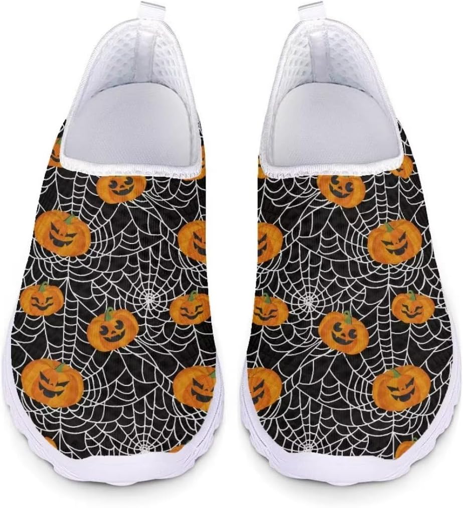 

Кроссовки Jeiento на Хэллоуин для женщин и мужчин, для вечеринки на Хэллоуин, прогулок и бега, слипоны, дышащая сетка, спортивная и модная обувь, Hallowmas Pumpkin Spider Web