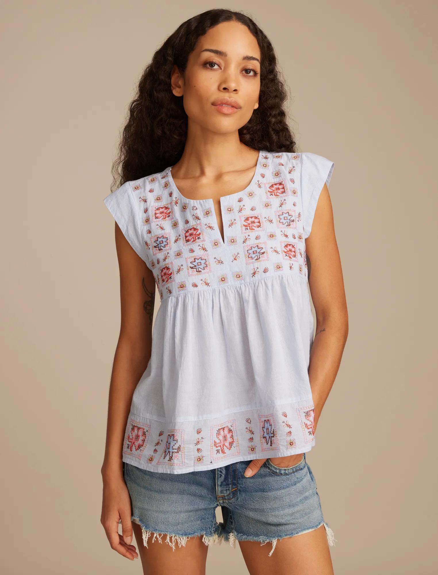 

Lucky Brand Женская блузка с рукавами-ракушками, светло-голубой