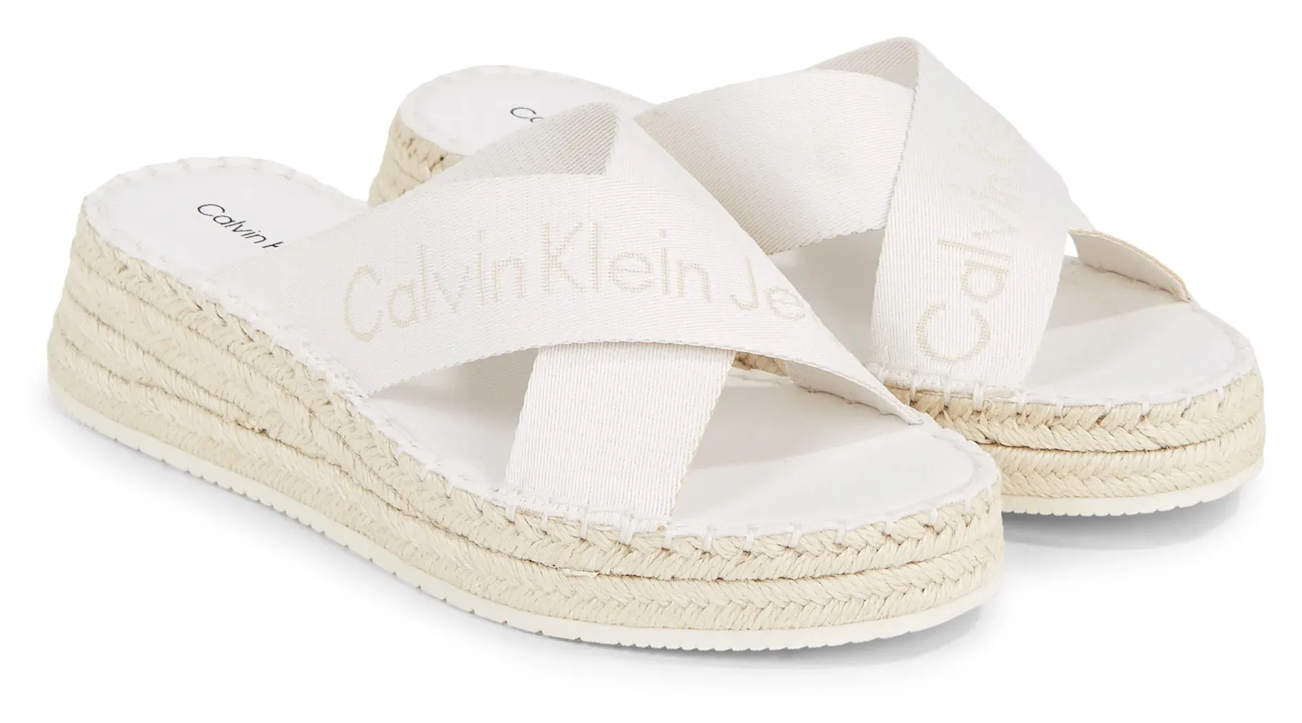 

Мюли Calvin Klein Jeans "SPORTY WEDGE ROPE SANDAL MR", каблук-танкетка, летняя обувь, тапочки с отделкой из рафии на подошве, кремовый