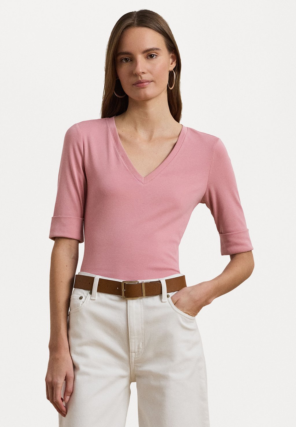 

Базовая футболка STRETCH COTTON ELBOW SLEEVE V NECK TEE Lauren Ralph Lauren, светло-розовый