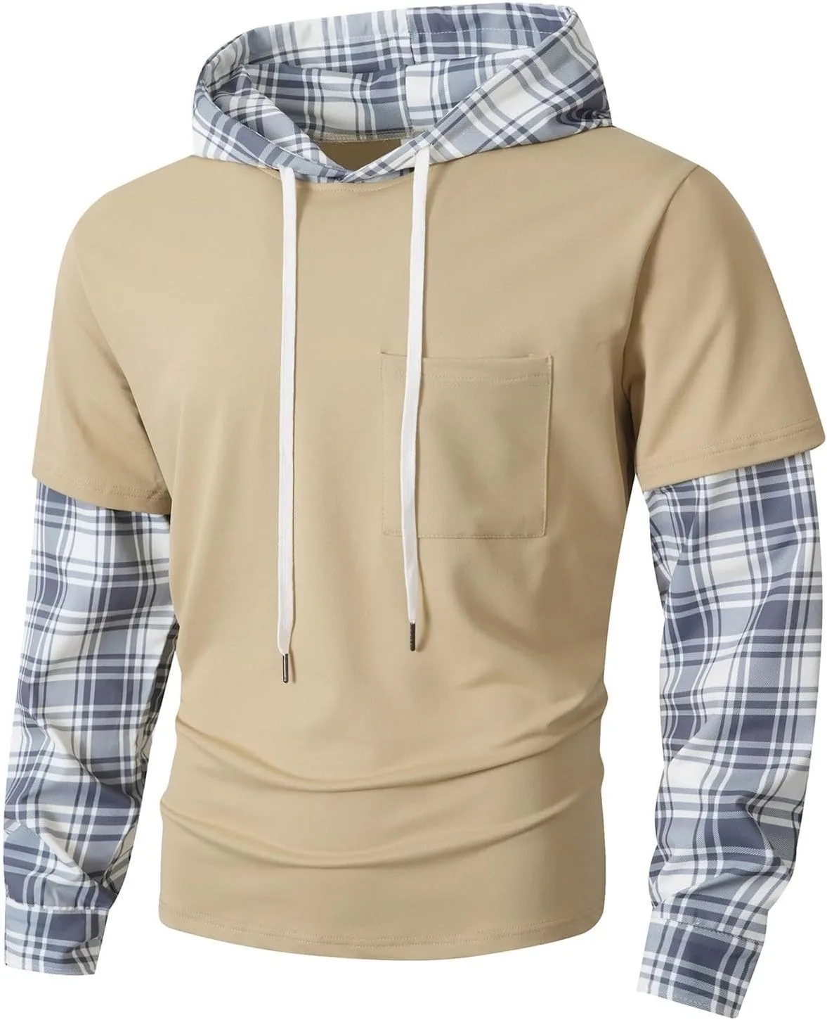 

Толстовка с капюшоном для мужчин, длинный рукав, клетчатый принт, 2 в 1