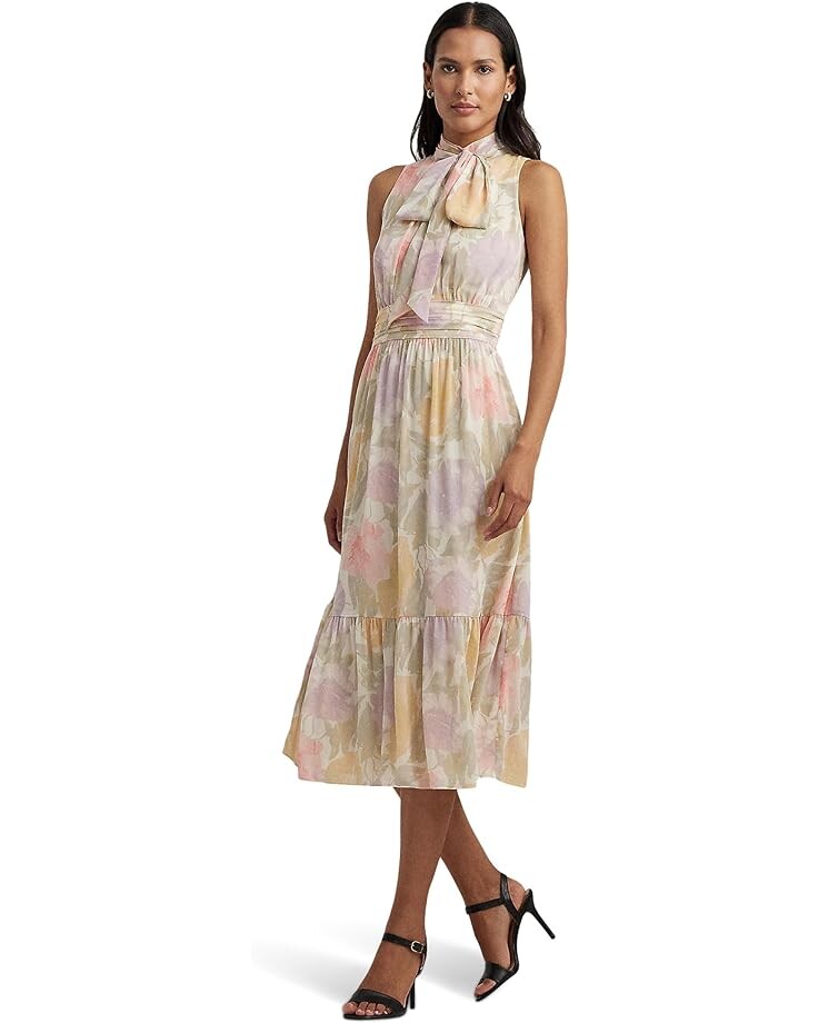 

Платье LAUREN Ralph Lauren Floral Crinkle Georgette Tie-Neck, цвет Cream Multi