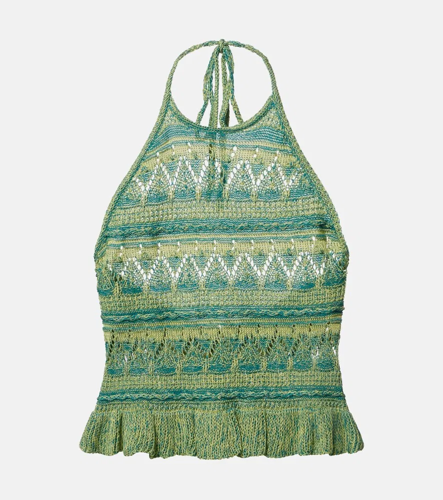 Вязаный хлопковый топ с завязками на шее Etro, зеленый