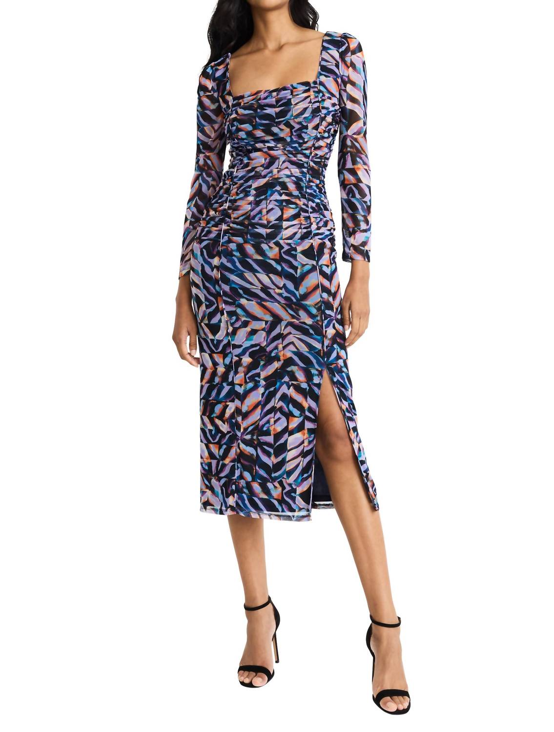 

Платье миди с рюшами на корсаже и сетчатыми вставками в лавандовом и бирюзовом цветах Donna Morgan