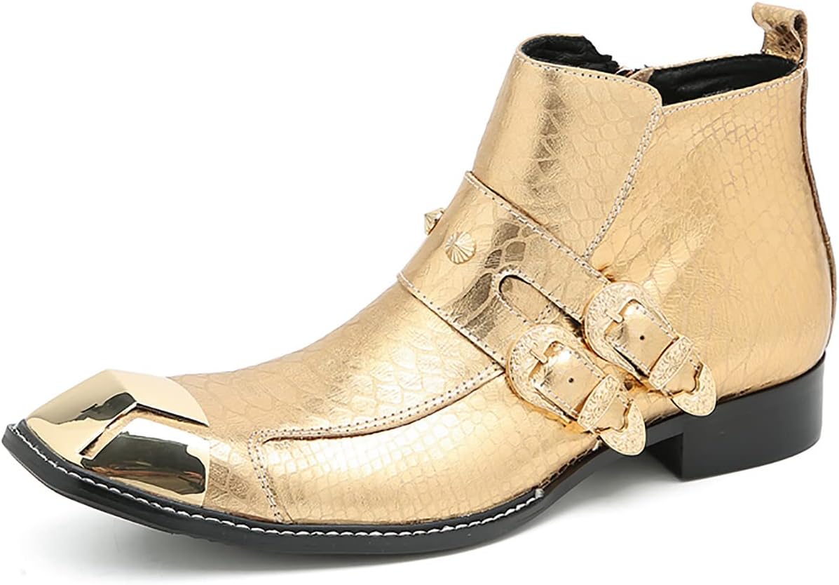 

Мужские повседневные и праздничные кожаные ботинки Santimon Chelsea с квадратным носком, металлическим декором, стилем ковбой, модные западные ботинки на молнии с пряжками, светло-желтый
