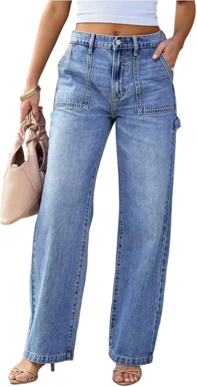 

Прямые широкие джинсы для женщин с карманом, высокие, эластичные