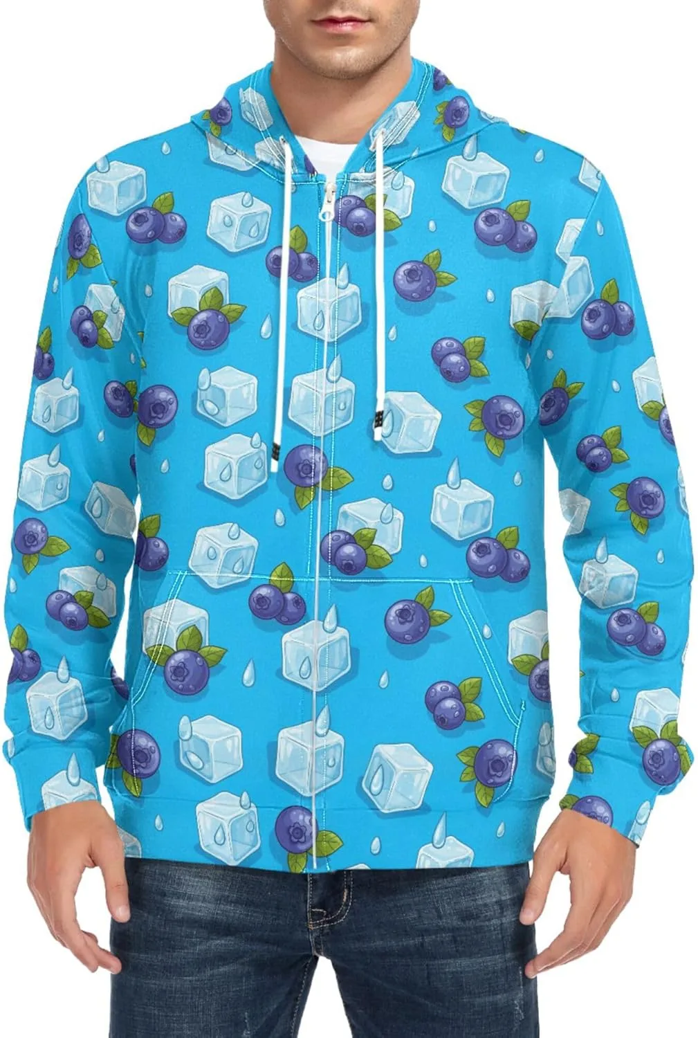 

Мужской худи на молнии с принтом Ice Cubes Blueberries, длинный рукав, с карманом CUPADA