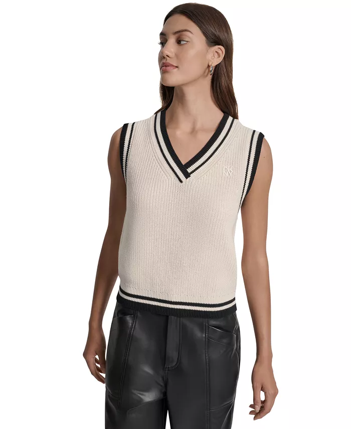 

Женский хлопковый свитер без рукавов с V-образным вырезом и контрастной отделкой DKNY Jeans, коричневый/бежевый