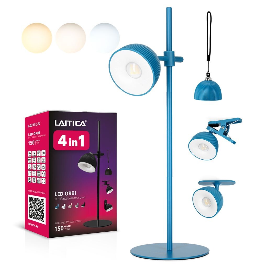 

LAITICA LED ORBI 2,5 Вт Настольная лампа - 4-в-1 синяя, USB-зарядная станция, ТРИ ЦВЕТА СВЕТА KOBI, синий