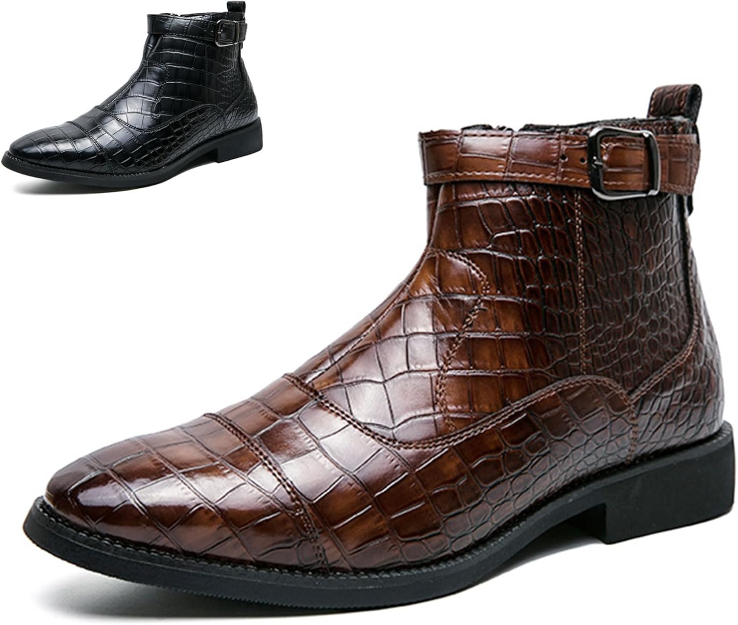 

Мужские высокие кожаные ботинки Челси с узором, ремешком и пряжкой, модный британский стиль, заостренный носок, боковая молния, ретро, деловые оксфорды на щиколотке Zeberfi, коричневый