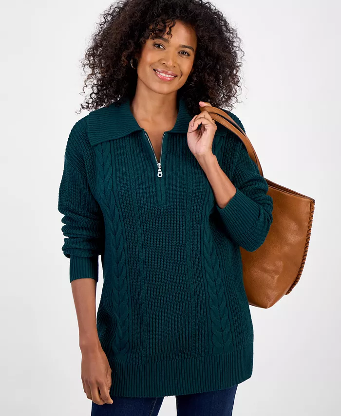 

Женский свитер с четверть-молнией и косой вязкой Style & Co, зеленый