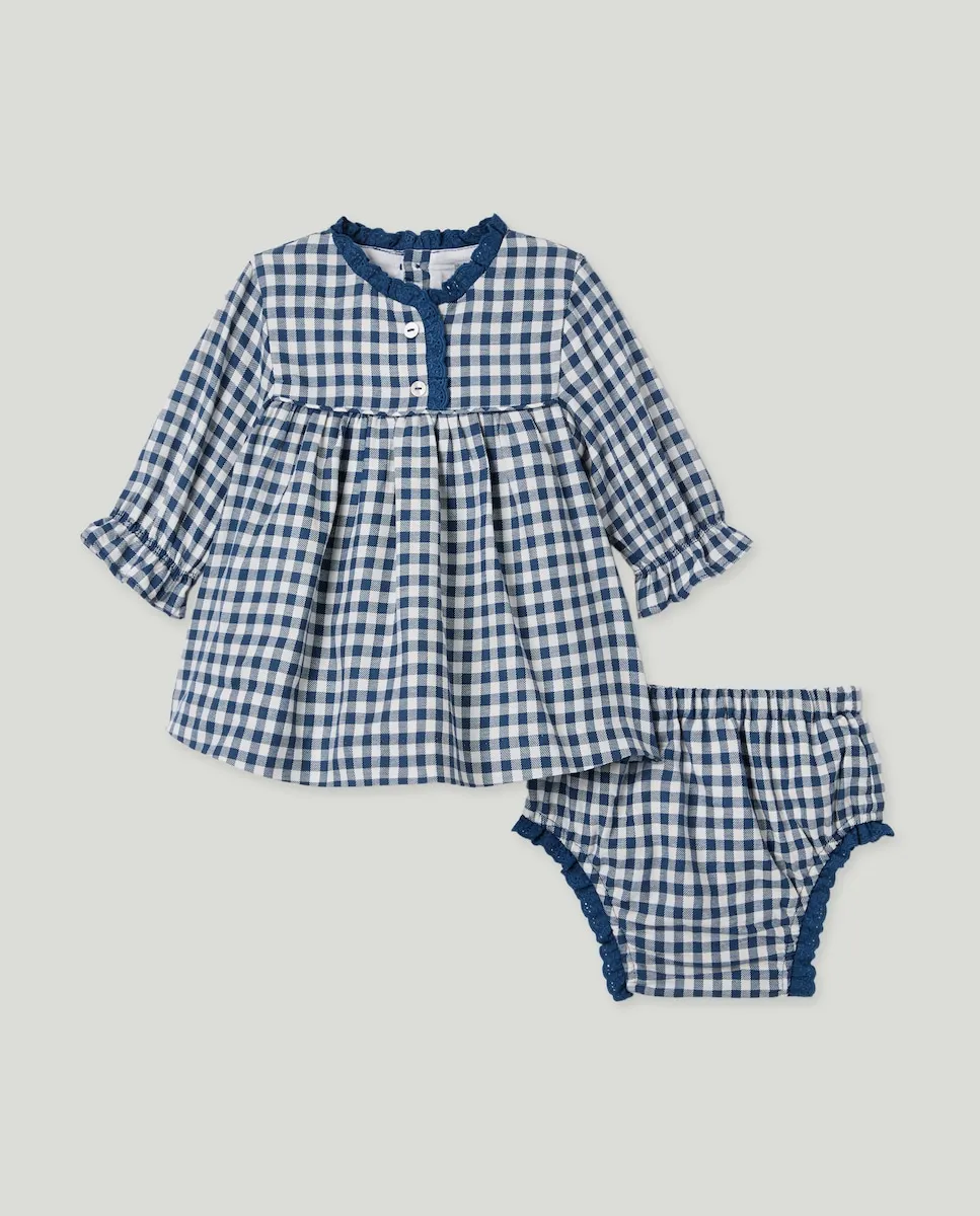 

Платье с длинным рукавом с вышитой лентой в клетку для маленькой девочки Coconut El Corte Inglés, синий