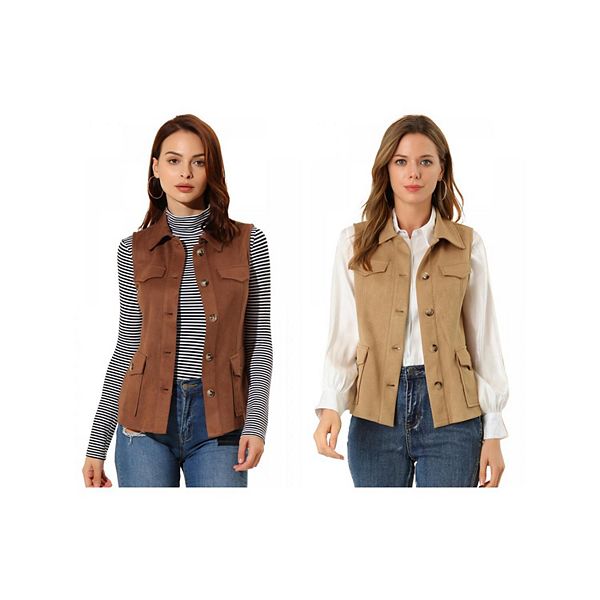 

2 упаковки женской безрукавки в стиле рустик на пуговицах, карго-жилет из искусственной замши Inspire Chic, Brown Khaki