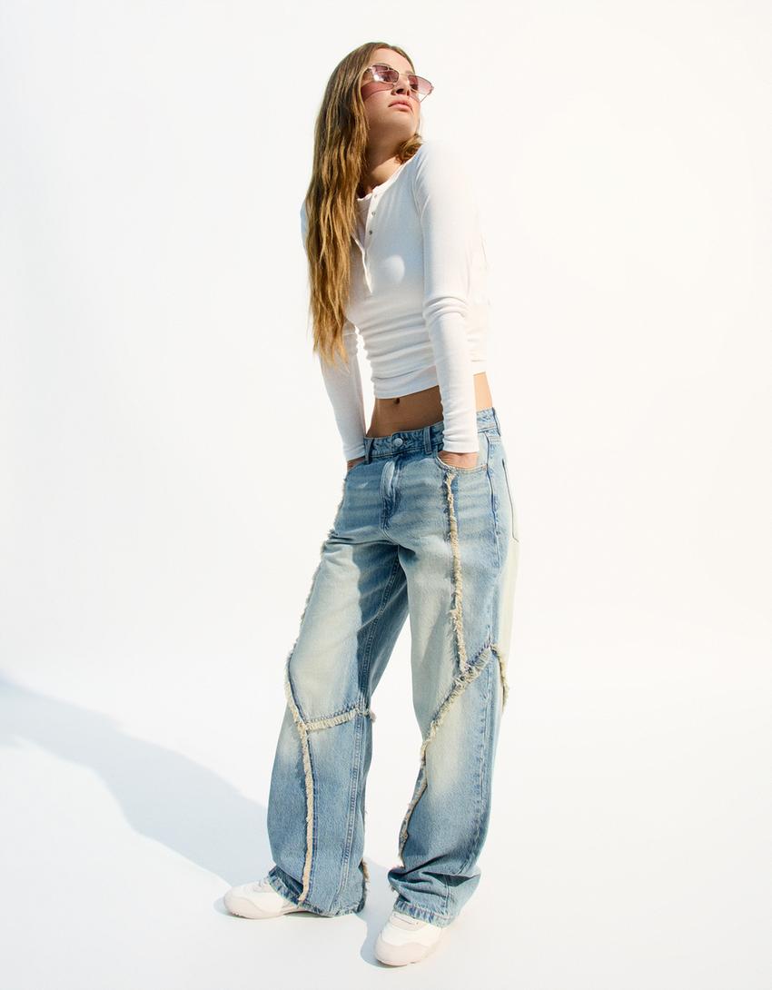 

Мешковатые джинсы с бахромой Bershka, голубой