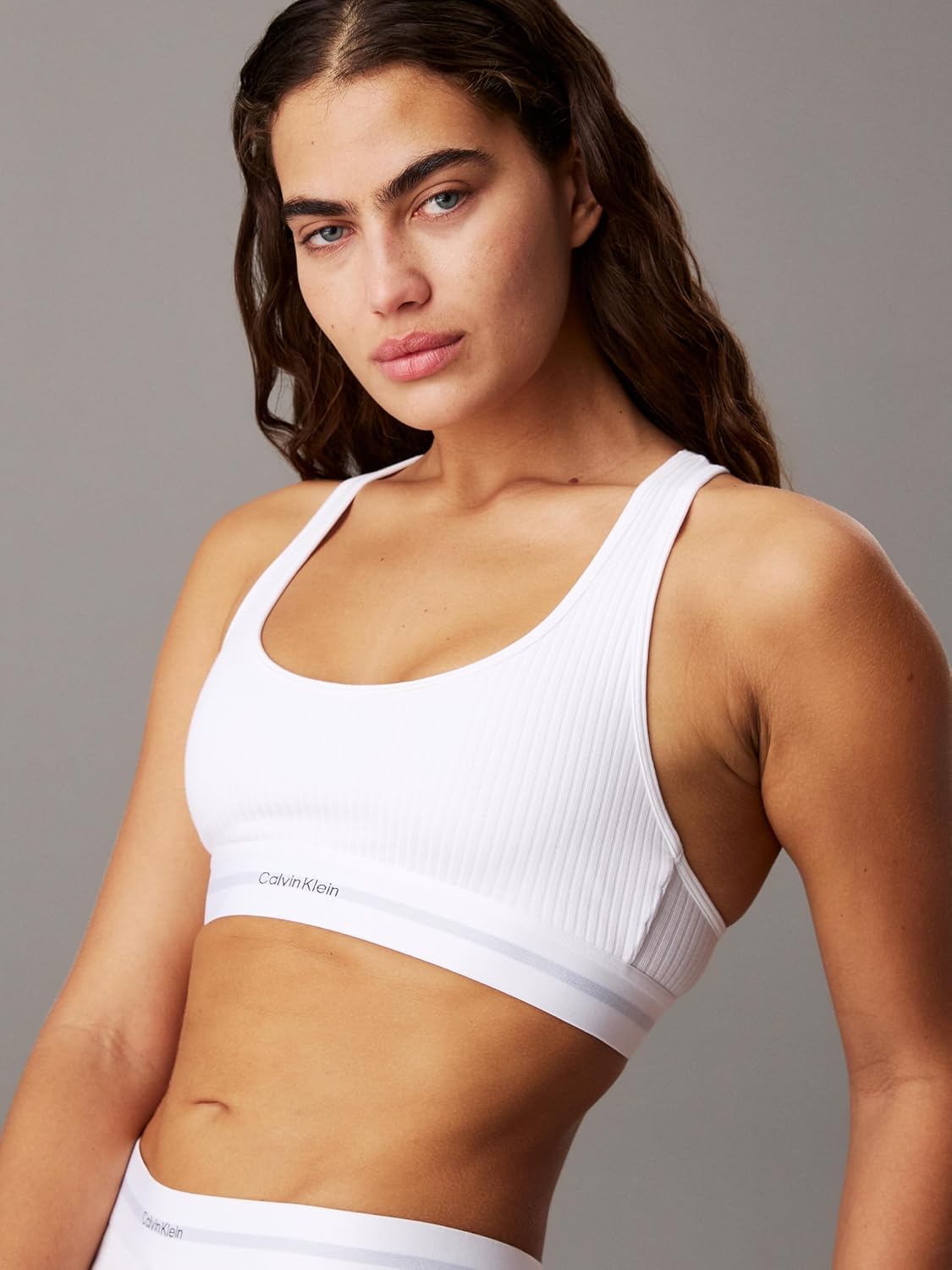 Женский бюстгальтер-бралетт Calvin Klein из хлопкового модала с эластичным лифом в рубчик, на легкой подкладке, White — фото 4