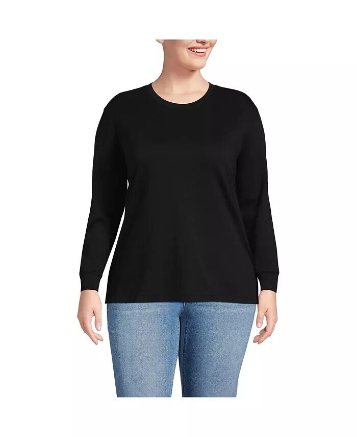 

Плюс размер Хлопковая футболка с длинными рукавами интерлок с круглым вырезом Lands' End, черный