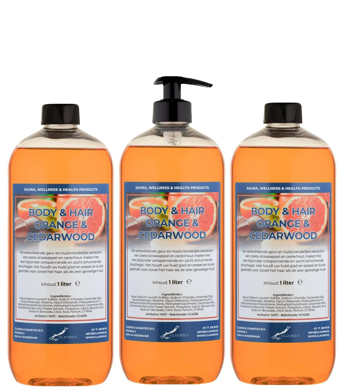 Гель для душа и шампунь 2 в 1 Body & Hair Sweet Orange & Cedarwood, 1 л, набор из 3 шт. Claudius